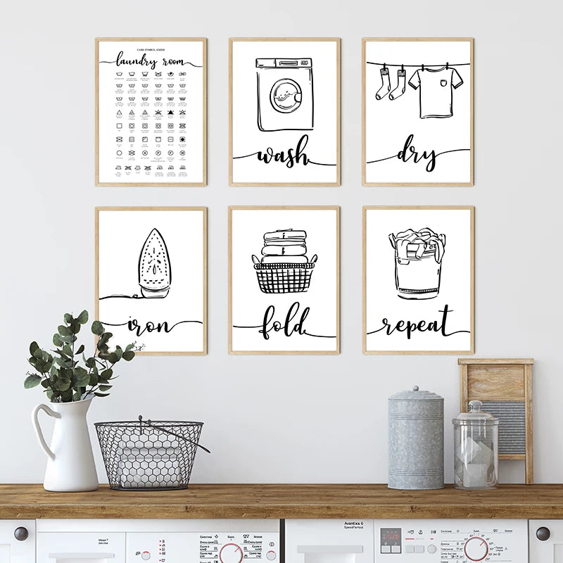 Minimalist Black White Stick Figure Laundry Canvas Art