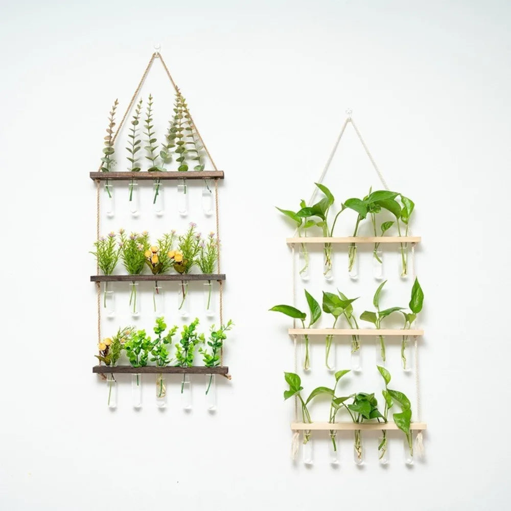Style A-2 glass test tube wall vase holding single fresh stem on a white wall