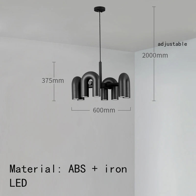 Eight light U shaped tube chandelier in blue on an iron chrome frame