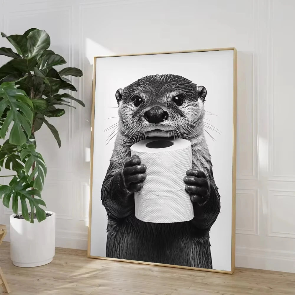 Funny Bathroom Animals Toilet Paper Canvas Wall Art