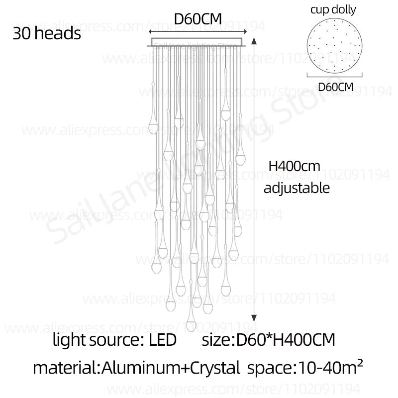 White light across the crystal raindrops of a stair chandelier