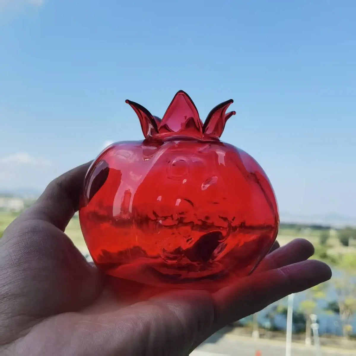 Medium red pomegranate glass vase with tiny plant cutting inside