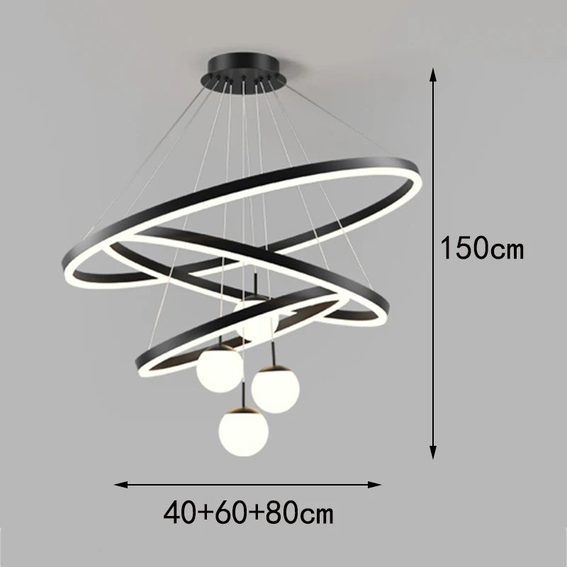 Stacked ring chandelier in black seen as concentric halos from below