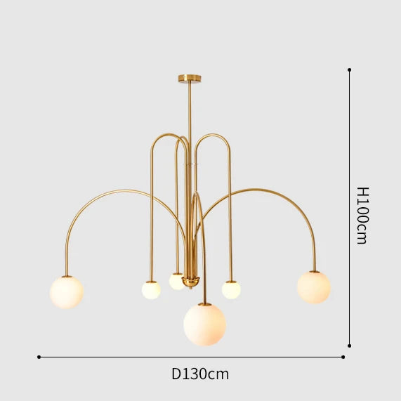 Comet style arc chandelier with E14 compatible frosted glass globes