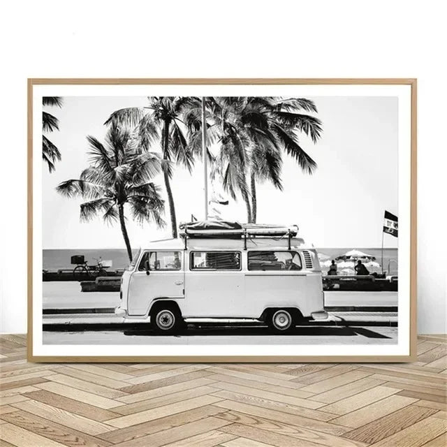 Beach Camper Van Surf Ocean Landscape Canvas Wall Art