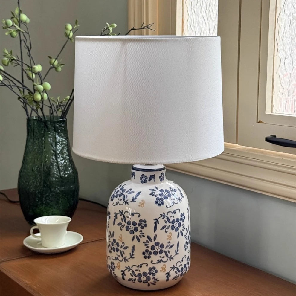 Side profile of blue and white porcelain table lamp base detail