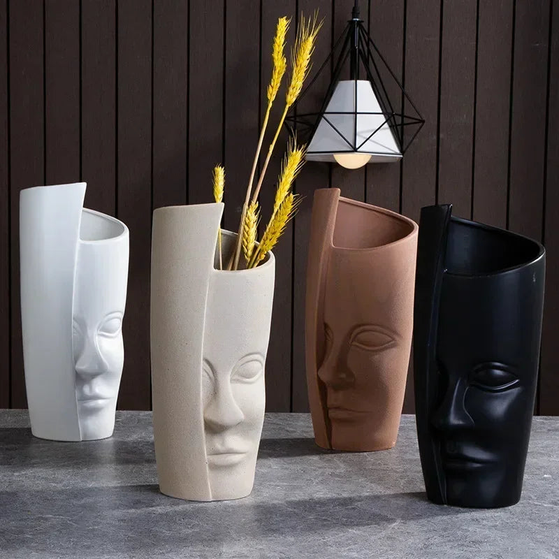 Ceramic human face sculpture vase handmade art flower arrangement