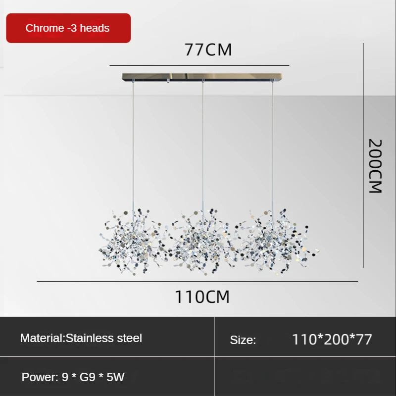 Chrome stainless steel chandelier with two heads in a long row