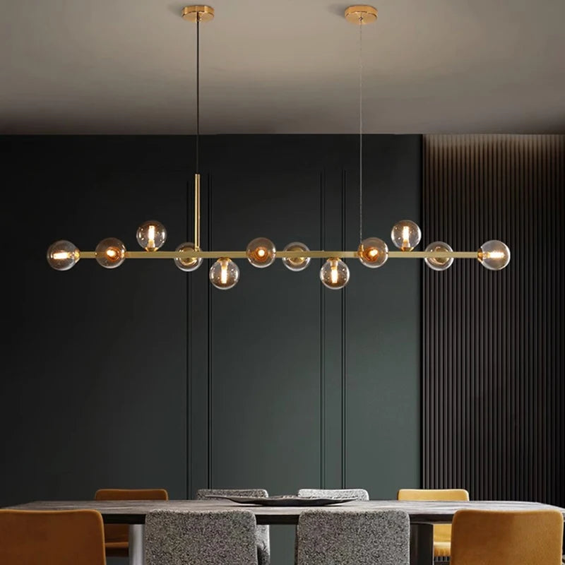 Twelve head linear chandelier, 59.8 inches long, in a white iron finish