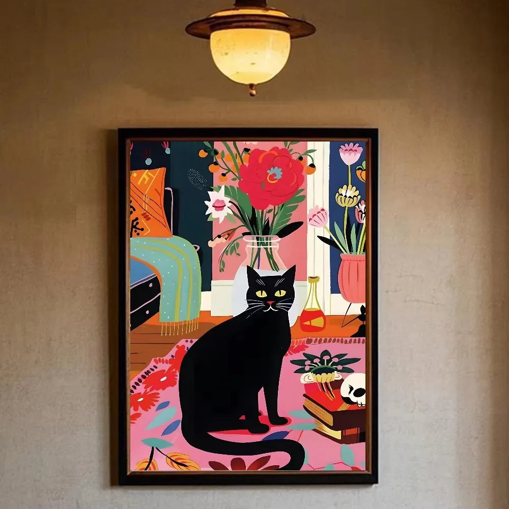 Funny Black Cat Toilet Newspaper Bathroom Canvas Art