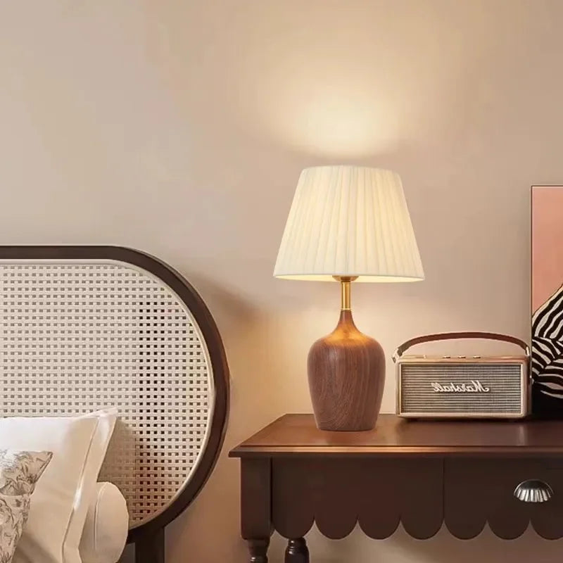 Japanese solid wood table lamp on study desk with warm reading light