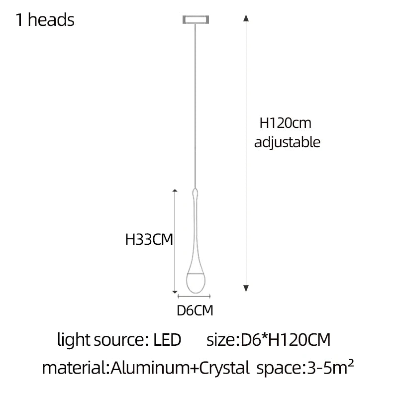 Crystal raindrops set at freely adjusted heights on a chandelier