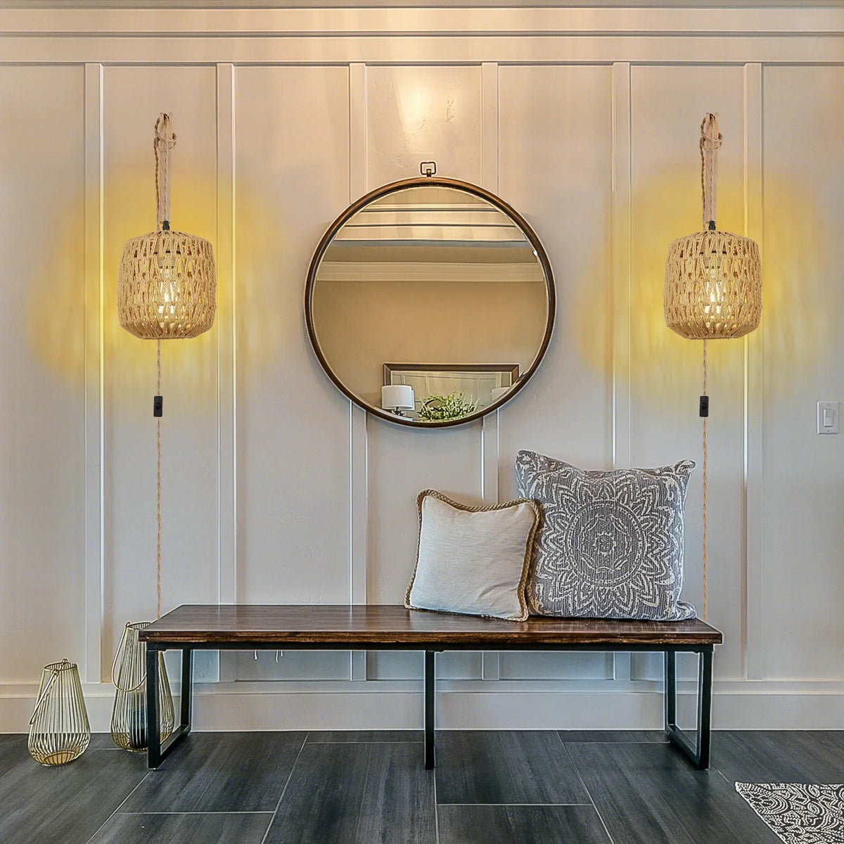 rattan wall sconce, installed in a room interior setting