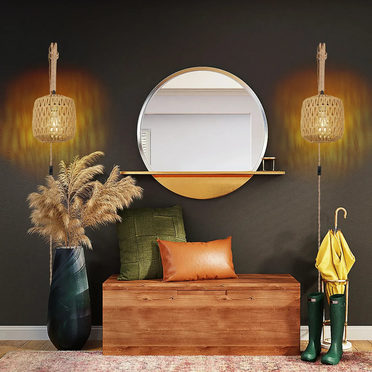 rattan wall sconce, close-up of shade and hardware detail
