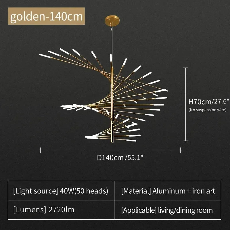Gold firework chandelier with 30 lights on a flush mount plate