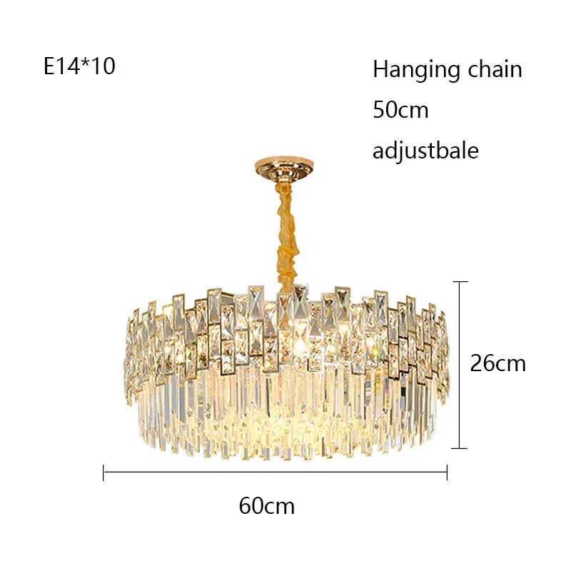 Gold crystal chandelier at 31.5 in (80 cm) on plated stainless steel