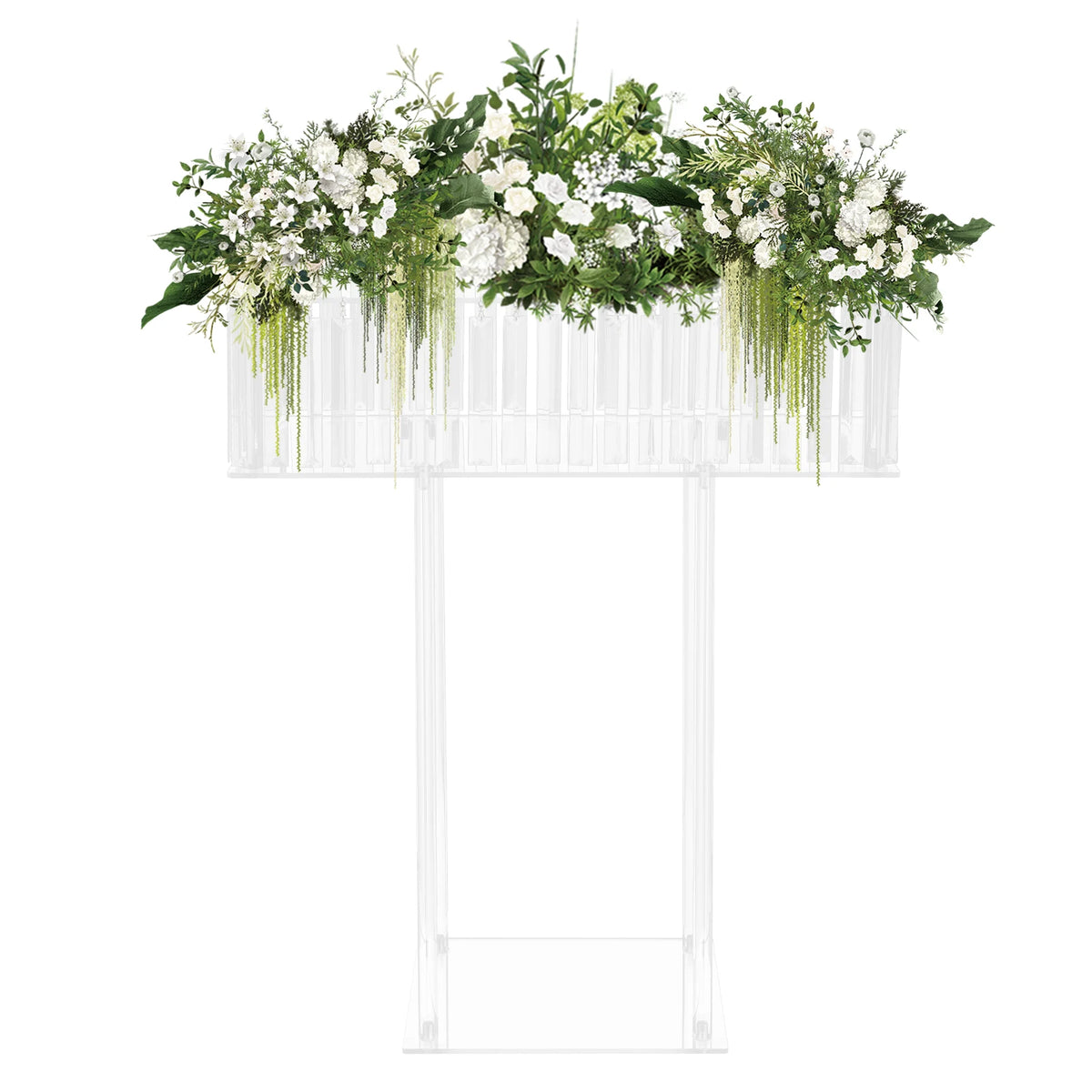Crystal acrylic flower stand with white peony and greenery arrangement from side profile