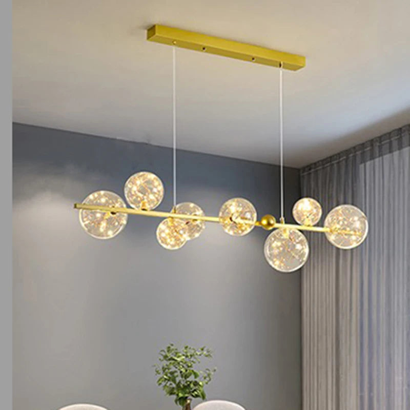 Horizontal glass bar chandelier shown in warm white light, 90 to 260V