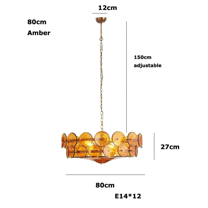 Vintage glass chandelier tinting the light through coloured shades