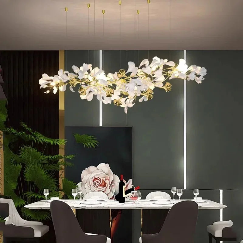 Ginkgo leaf chandelier at 31.5 in (80 cm) diameter with ceramic shades