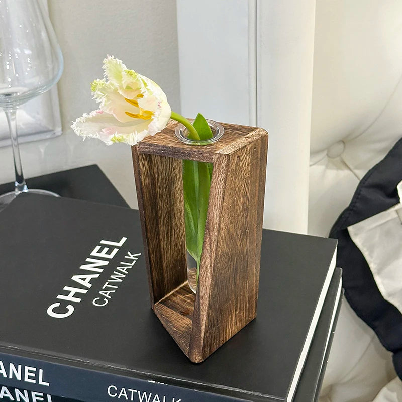 Natural wood and glass hydroponic vase style 61 with propagating plant stem