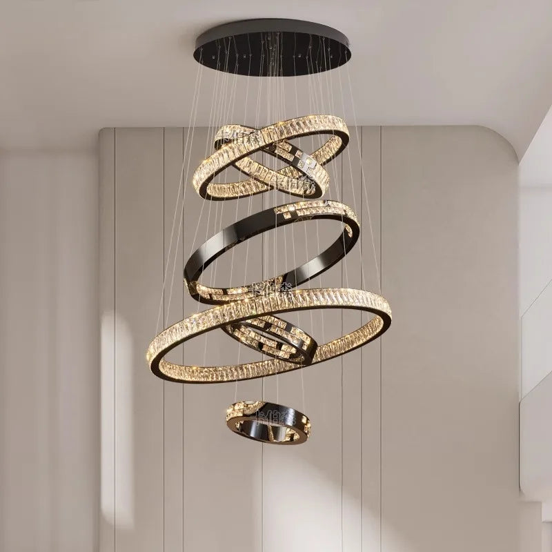 Crystal stair chandelier with eight rings and a 137.8 in drop
