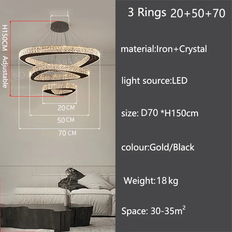 Six ring crystal chandelier, 39.4 in across, for a stairwell
