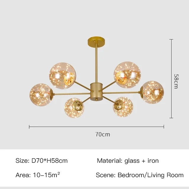 Glass globe shade mounted on the chandelier forged iron arm