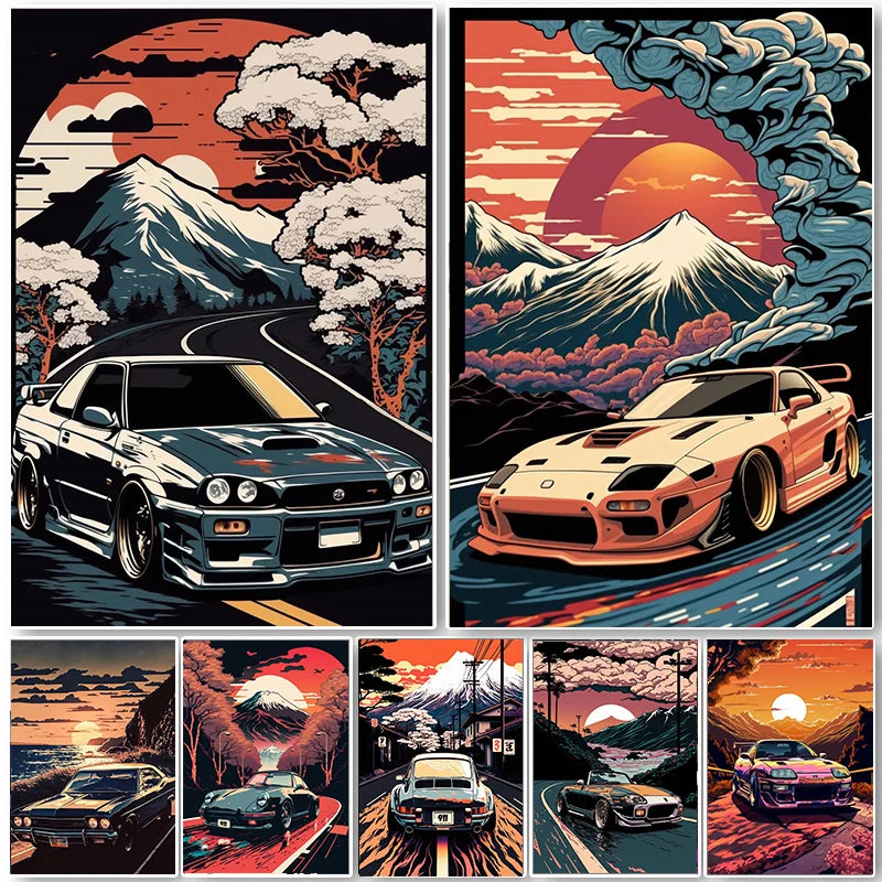Retro GTR Japanese Landscape Car Canvas Wall Art