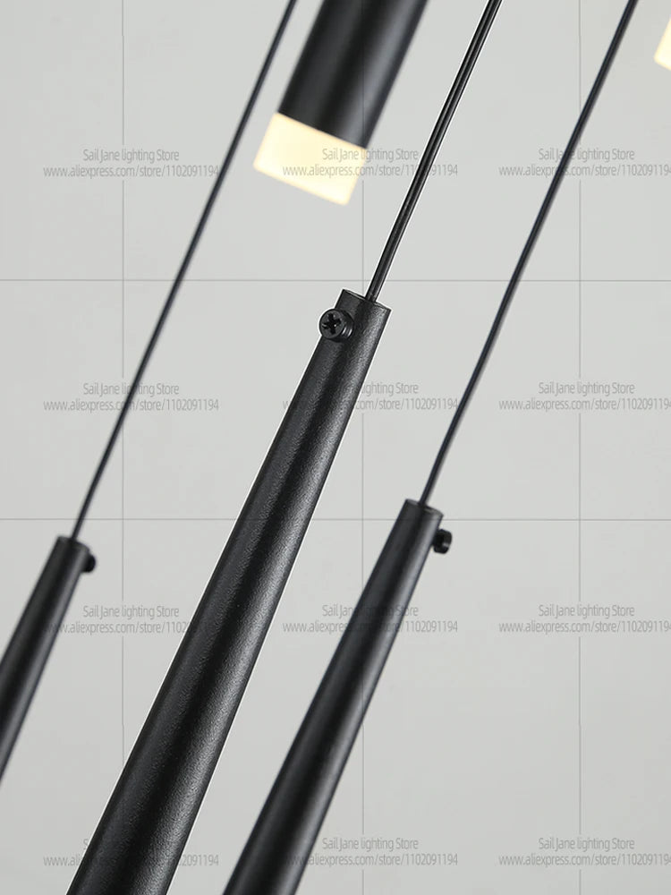 Nine head staircase chandelier with acrylic diffusers on aluminum rods