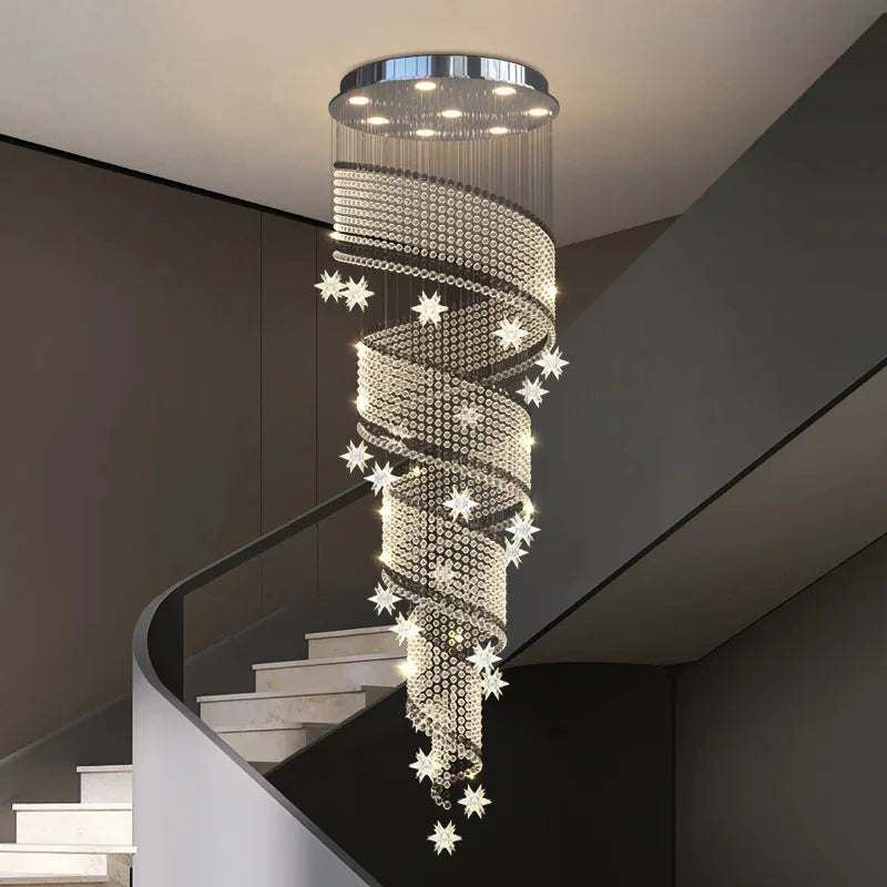 Gold lamp holder crystal chandelier lit in warm light down a void