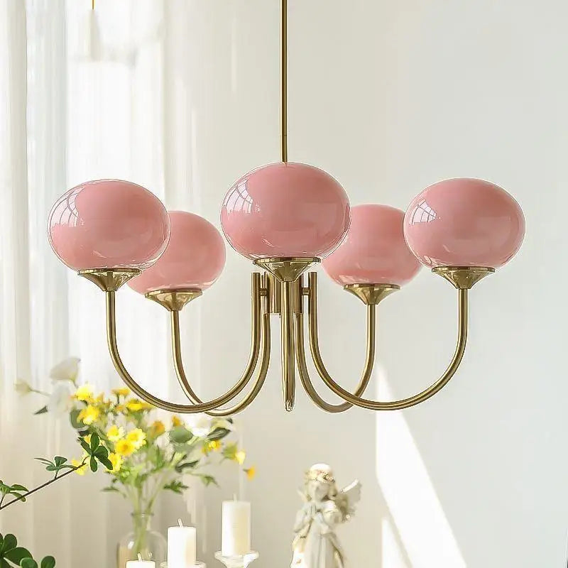 Gold finish frosted glass ball chandelier with five upward globes