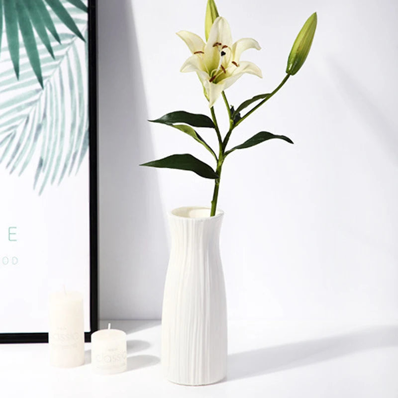 Close-up of Nordic plastic vase slim neck and round base silhouette detail