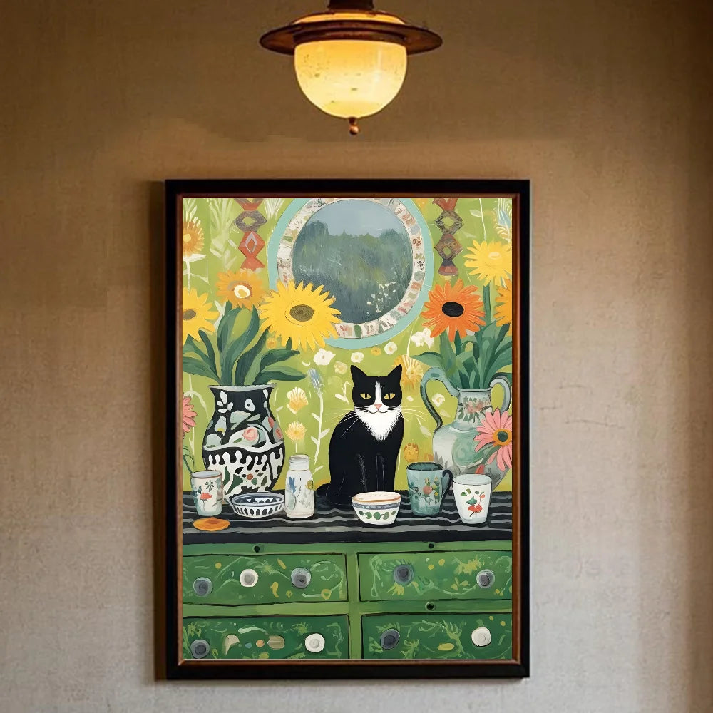 Green Aesthetic Cat Canvas Wall Art