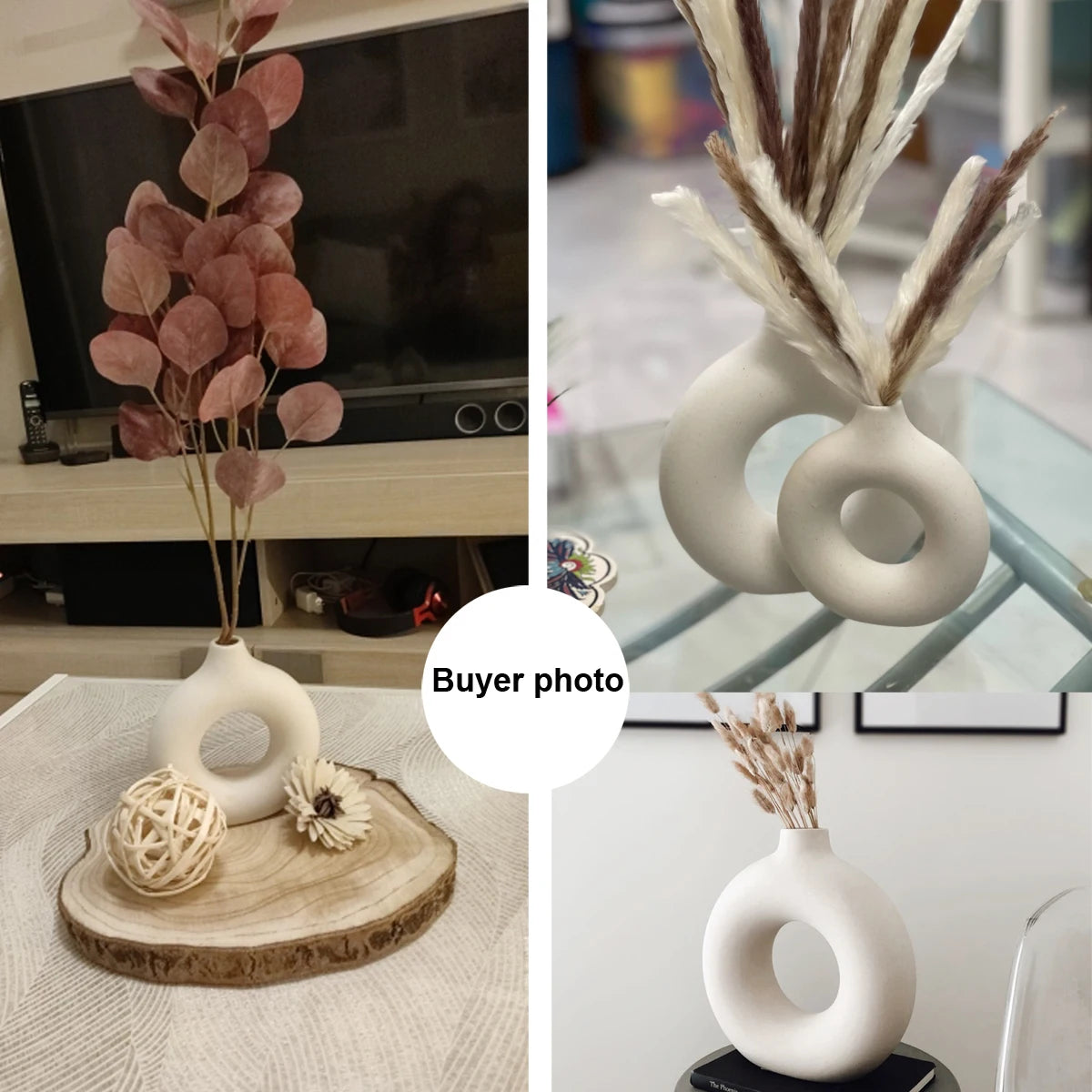 Three sizes of Nordic hollow donut ceramic vases displayed as a grouped set