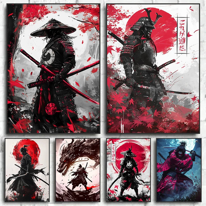 Japanese Samurai Warrior Abstract Canvas Wall Art