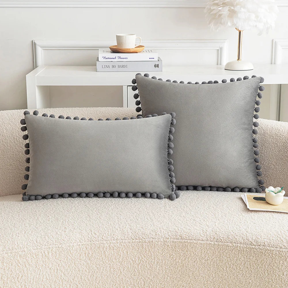 Velvet Pom-Pom Throw Pillow Cover