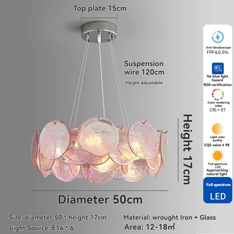 Pink glass chandelier measuring 31.5 in (80 cm) on plated iron