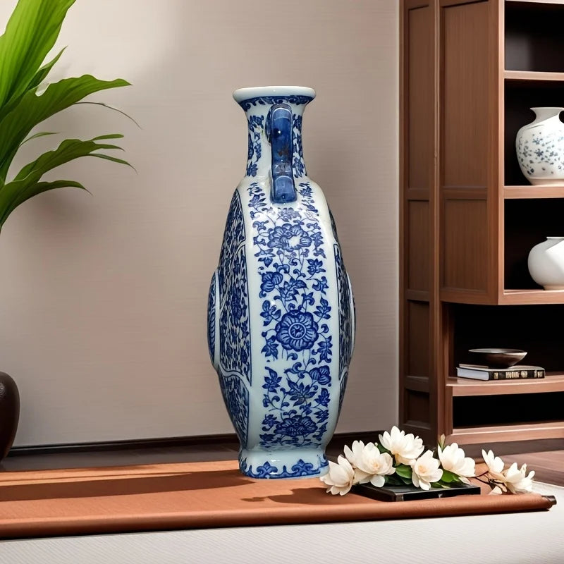 Handcrafted porcelain blue white floral Chinese antique moon vase