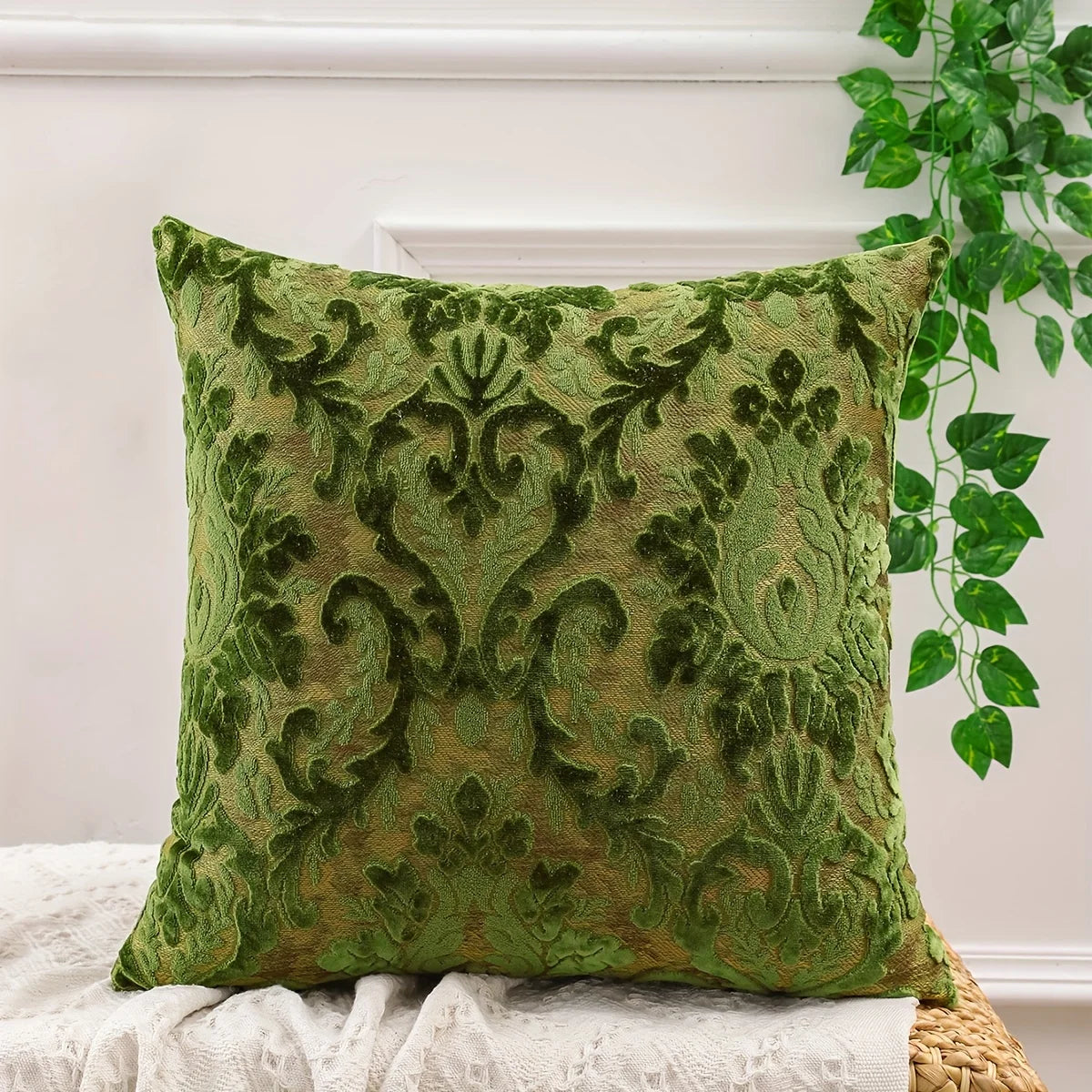 Tropical Leaf Chenille Pillow Cover — styling detail