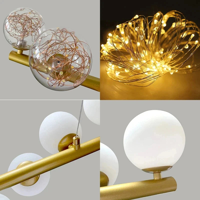 Rounded glass shade detail on a painted iron chandelier stem in white finish