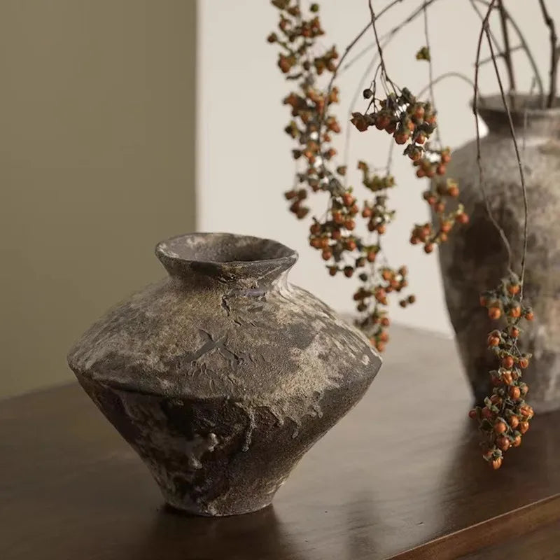 Retro Wabi Sabi coarse ceramic vase Zen dry flower arrangement