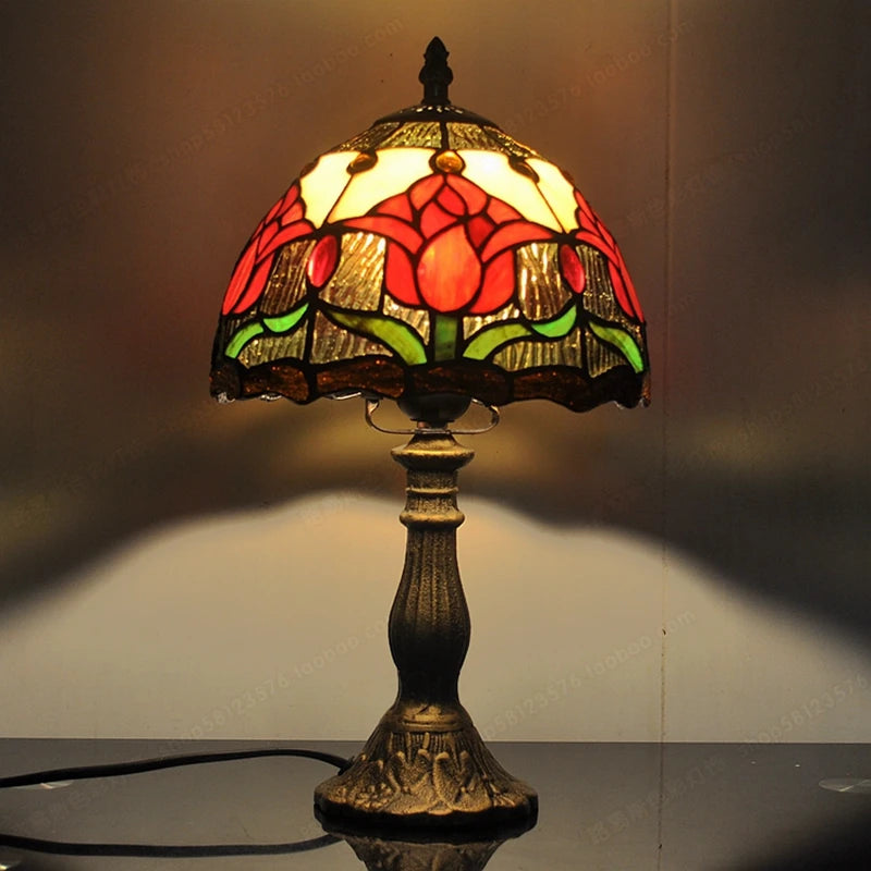 20cm Tiffany tulip stained glass table lamp illuminated warm light overhead