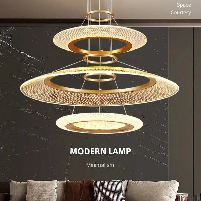 Gold spiral ring chandelier with hot bent aluminum light rings