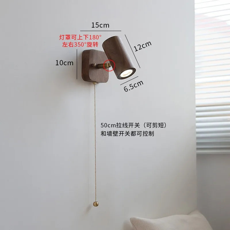 Walnut Wood Pull Cord Wall Sconce