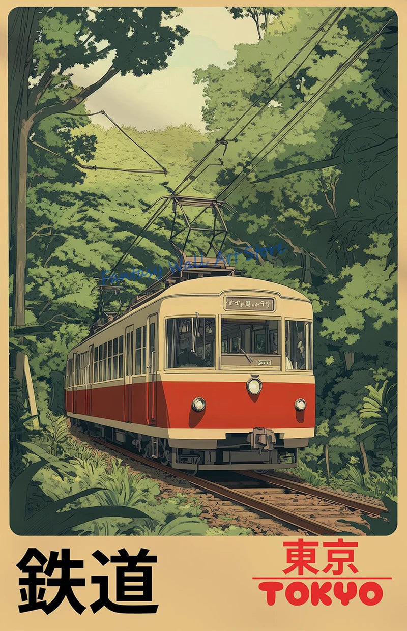 Vintage Japanese Railway Landscape Canvas Wall Art