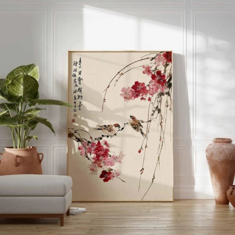 Japanese Bird Cherry Blossom Zen Canvas Wall Art