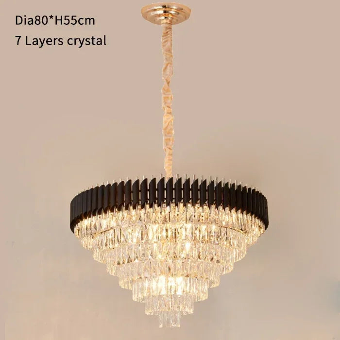Cool white 6000K crystal chandelier on a black polished steel plate