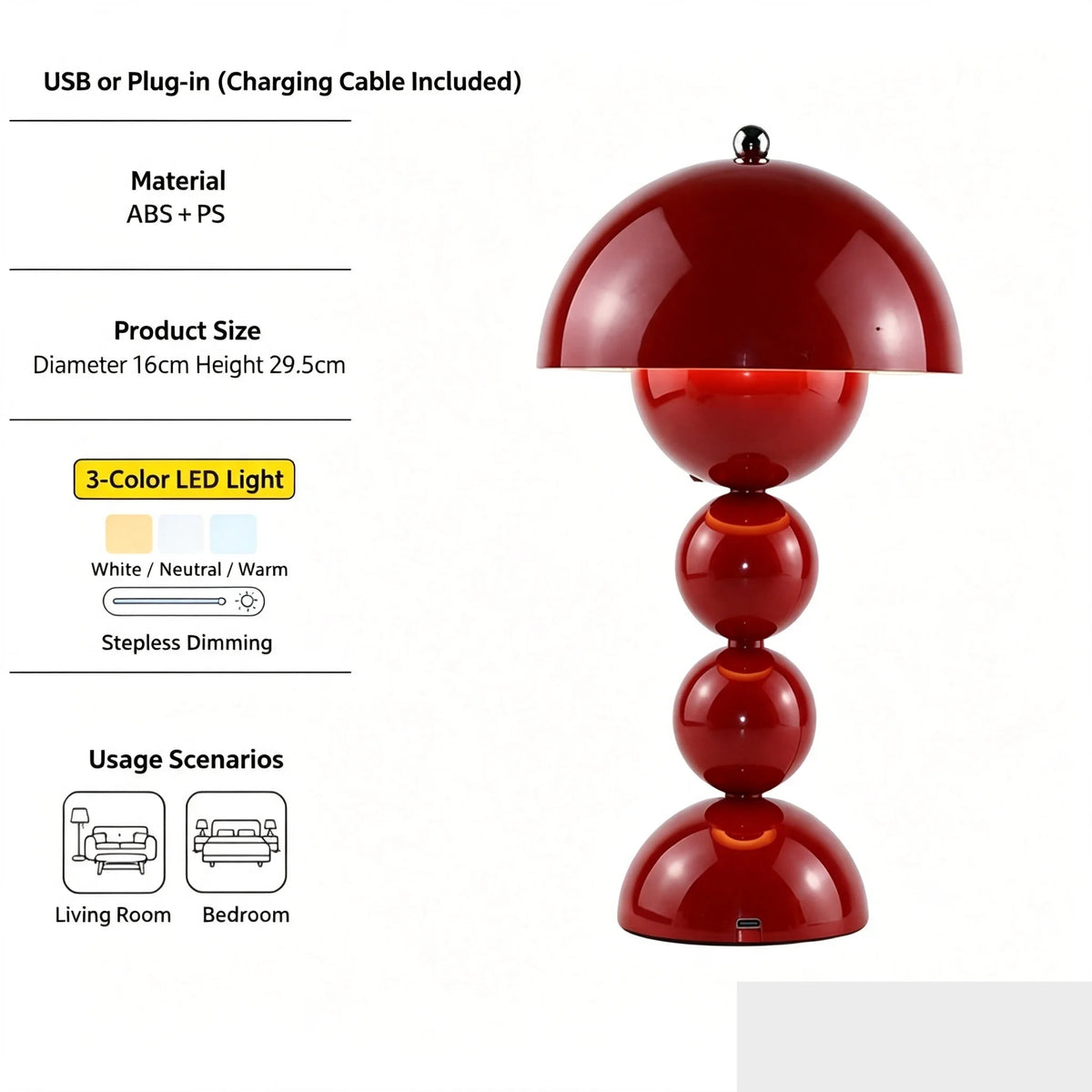 USB Type-C charging port on base of metal flower bud table lamp