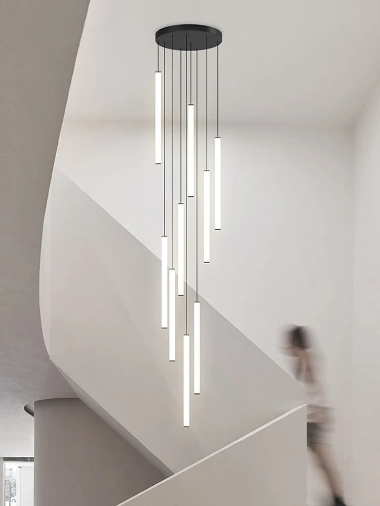 Minimalist black strip chandelier with slim aluminum strips on cords